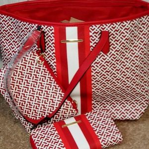 Brand New!! Red and white large purse with matching wallet and cosmetic case